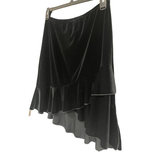 Vintage 90s Black Velvet Asymmetric Crossover Ruffle Hem Skirt Medium Fairy Goth - Picture 2 of 6